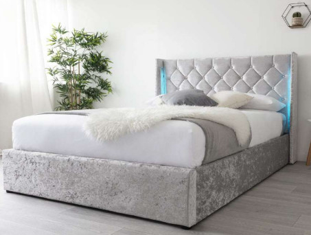 Κρεβάτι Queen Size Γκρι θρυμματισμένο βελούδινο κόντρα πλακέ με κεφαλάρι LED και στις δύο όψεις