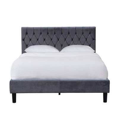 Bed βασίλισσας Size Grey Upholstered πλαίσιο με φουντωτό Headboard κουμπιών